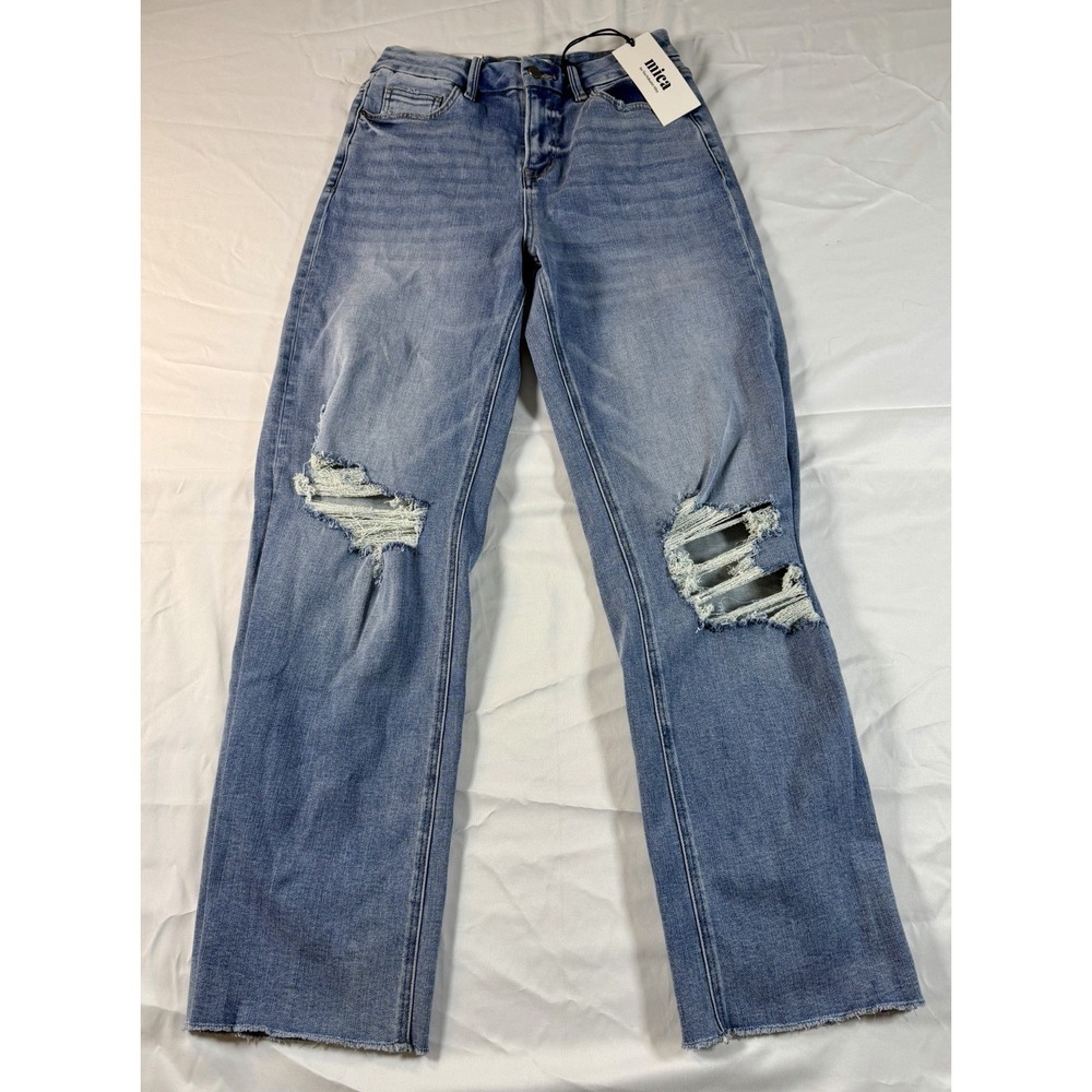 Mica Denim Woman's Billie Super High Wide Leg Distressed Light Wash Blue Jeans28